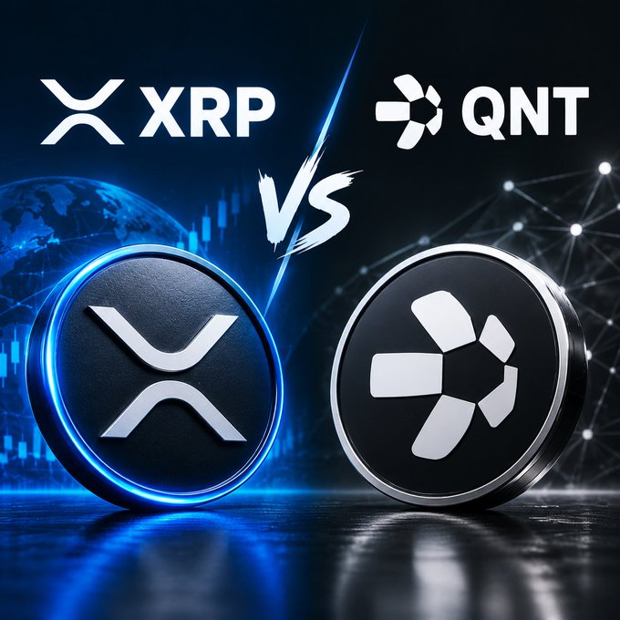 A promotional graphic comparing two cryptocurrencies, XRP and QNT (Quant), shown as metallic 3D coins on opposite sides of a 'VS' design with a blue globe and network background.