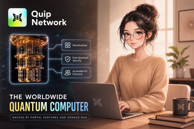 A digital advertisement features 'Quip Network' branding with a woman working on a laptop, promoting 'THE WORLDWIDE QUANTUM COMPUTER' with features like 'Decentralized', 'Post-Quantum Security', and 'Accessible for Everyone'.