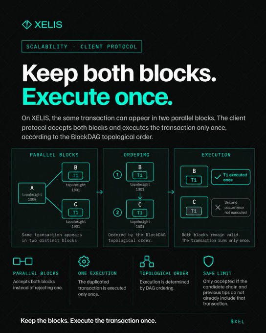 The image is a XELIS infographic explaining the Client Protocol's handling of parallel blocks, showing how a transaction (T1) appearing in blocks B and C at topoheight 1001 is ordered by BlockDAG topology and executed only once. It highlights key features: parallel blocks, one execution, topological order, and safe limits, reinforcing the post's message about BlockDAG concurrency.