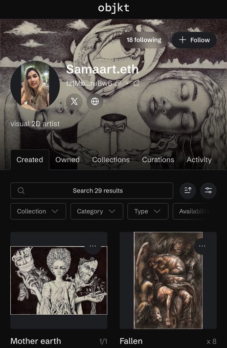 An objkt NFT platform profile for 'Samaart.eth' showing 18 following, with digital artworks 'Mother earth' and 'Fallen' displayed.