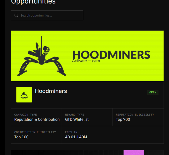 An "Opportunities" webpage showing a "Hoodminers" campaign banner in bright yellow-green with details including a GTD Whitelist reward type and 4D 01H 40M remaining.