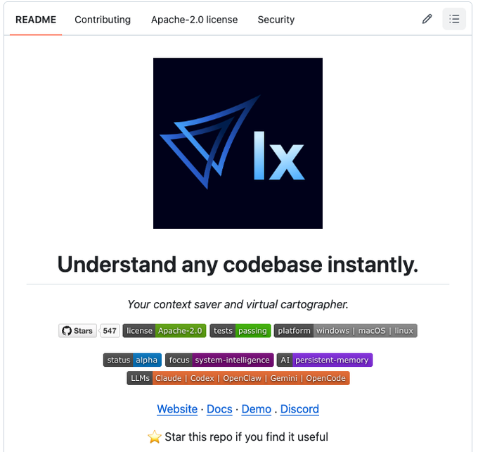 A GitHub README for "Ix," an AI tool that converts codebases into queryable maps for AI understanding, showing 547 stars, Apache-2.0 license, and cross-platform support for Windows, macOS, and Linux. The image illustrates the project referenced in the post as a "context saver and virtual cartographer" that reduces token consumption by up to 99.7% by structuring code for AI comprehension.