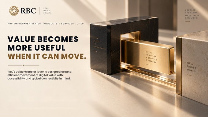 An RBC whitepaper cover titled 'VALUE BECOMES MORE USEFUL WHEN IT CAN MOVE,' promoting their value-transfer layer, with imagery of gold and marble blocks inscribed with phrases like 'FROM PEOPLE TO ORGANIZATIONS.'