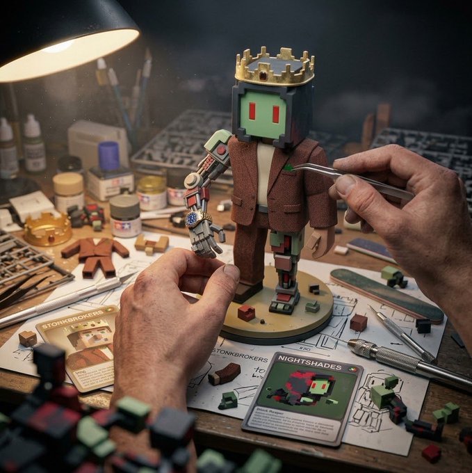 A miniature figurine of a robot wearing a brown suit, crown, and red visor is being meticulously crafted with tweezers on a cluttered workbench with paint bottles and character cards labeled 'STONKBROKERS' and 'NIGHTSHADES'.