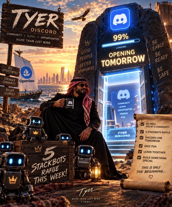 Digital promotional poster for 'TYER DISCORD' featuring a man in traditional Arabian attire sitting by the sea at sunset, with Discord logos, a '99% LOADING... OPENING TOMORROW' sign, and text promoting 'STACKBOTS RAFFLE THIS WEEK!' and 'More Than Just Wins A Family'.