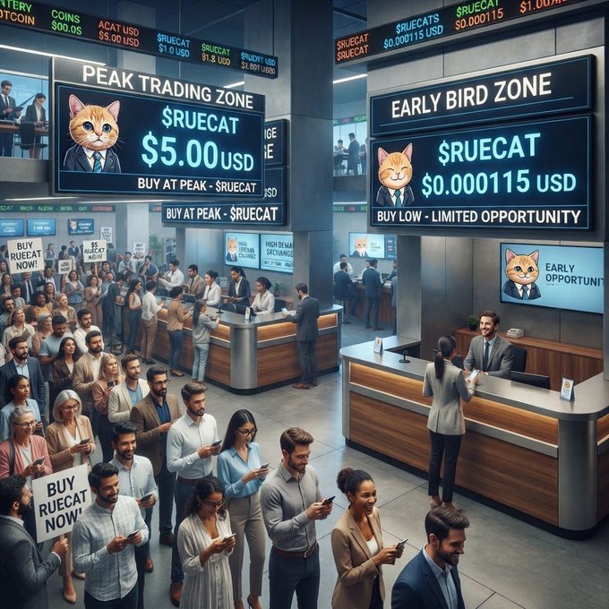 A bustling stock exchange-style scene featuring digital boards displaying '$RUECAT' with prices like '$5.00 USD' under 'PEAK TRADING ZONE' and '$0.000115 USD' under 'EARLY BIRD ZONE', with a cat in a suit on the screens.