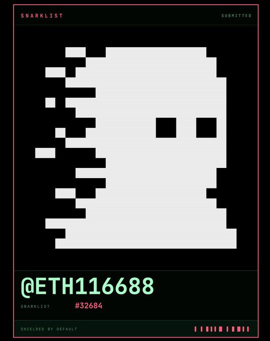 A digital poster titled "SNARKLIST" features pixelated white art, the handle "@ETH116688", and the number "32684".