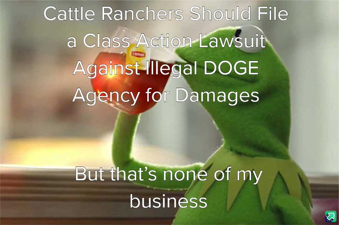 The image features a green stuffed animal, likely a Kermit the Frog character from The Muppets, holding an apple up to his face as if he's drinking from it. The text above the image reads "Cattle Ranchers Should File a Class Action Lawsuit Against Illegal DOGE Agency for Damages".