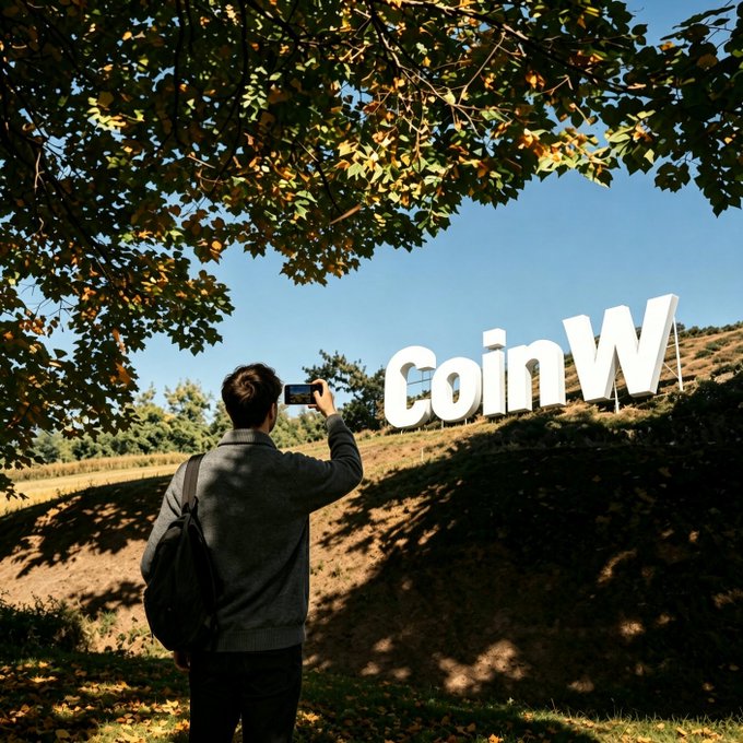 A traveler with a backpack takes a photo of large "CoinW" letters installed on a hillside, fitting the post's "GM 今日打卡完成" ("GM, today's check-in complete") theme by visually marking a daily attendance or milestone moment.