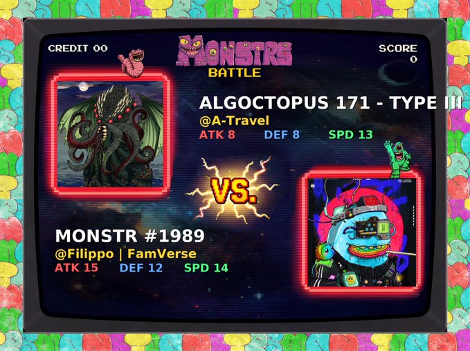 The image shows a poster for an arcade game called "Monstrs Battles" with two monsters fighting against each other, one being Algoopus 171-type and the other being a green alien type monster. The poster also includes information about the game's leaderboard and how it works.