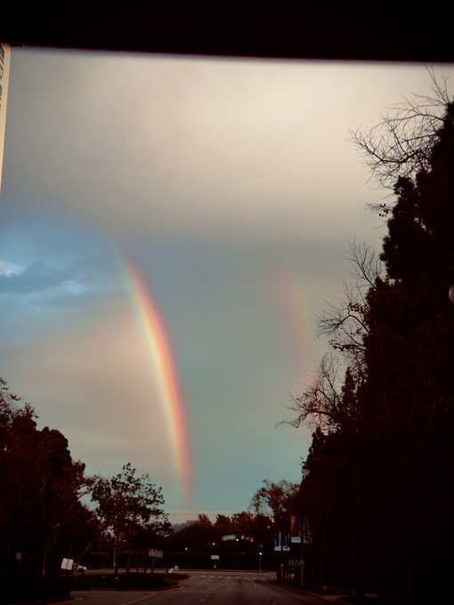 A photograph of a double rainbow arching across a cloudy sky, viewed from a road lined with dark silhouetted trees.