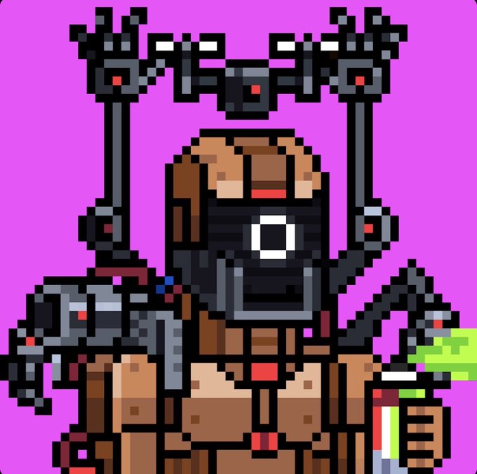 A pixel art illustration of a brown-armored character with a gun and grenades on a bright magenta background.