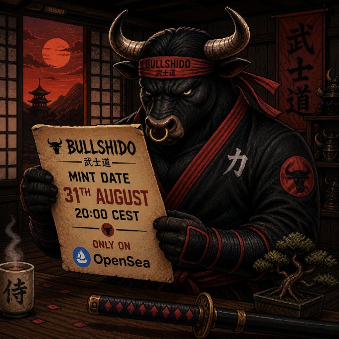 A promotional poster featuring a samurai-themed bull character wearing a red 'BULLSHIDO 武士道' headband and gi, holding a parchment announcing a mint date of 31st August at 20:00 CEST, available only on OpenSea.