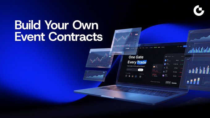 A bold promotional graphic featuring a laptop surrounded by floating financial charts and market data displays, with the headline "Build Your Own Event Contracts" alongside a Gate DEX interface showing "One Gate Every Trade" and "Officially Listed By Gate," visually reinforcing Gate's DexBuilder initiative to support builders with up to $3M in funding for event contract markets.