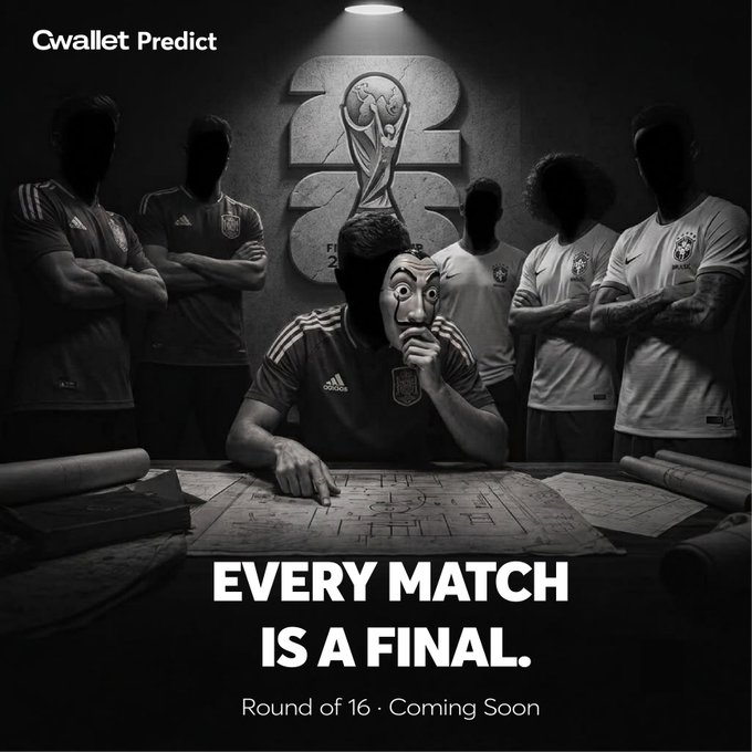 Promotional poster for 'Cwallet Predict' featuring the 2026 FIFA World Cup logo, with a masked figure at a table reading a tactical map and the tagline 'EVERY MATCH IS A FINAL. Round of 16 • Coming Soon.'