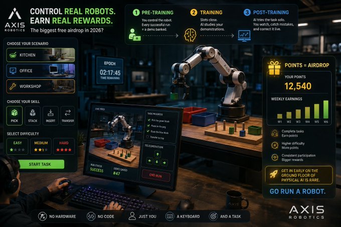 An advertisement for AXIS Robotics displays the tagline 'CONTROL REAL ROBOTS. EARN REAL REWARDS' alongside a dashboard showing '12,540' points and a weekly earnings chart.