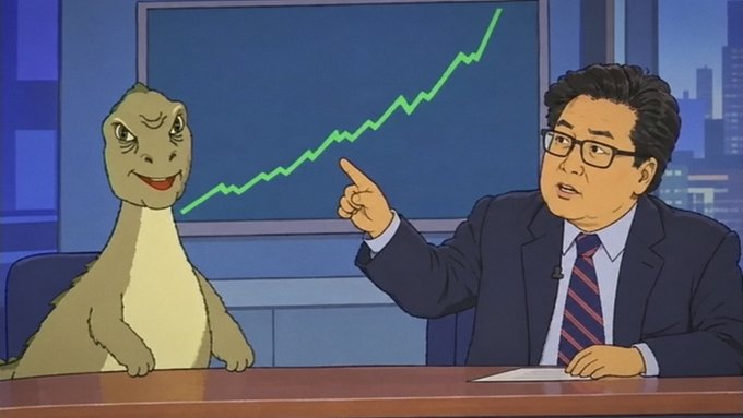 A parody of a financial news broadcast shows a news anchor pointing at a rapidly rising green stock chart alongside a "money lizard" character on the desk.
