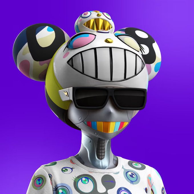 A 3D rendered character with a robotic appearance, wearing colorful polka-dot mouse ears, black sunglasses, and a shirt patterned with eyes, set against a solid purple background.