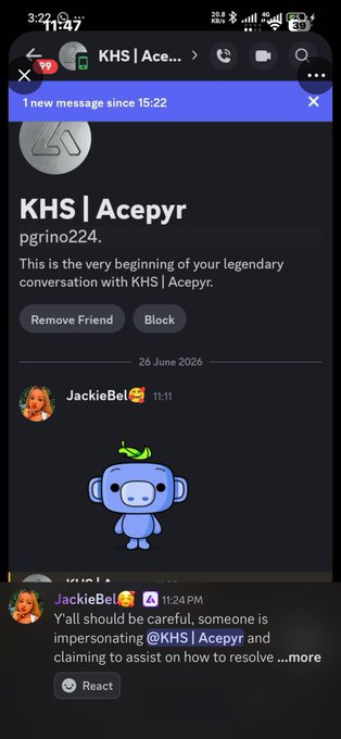 A Discord chat screenshot shows a conversation with "KHS | Acepyr" (pgrino224) where JackieBe… warns that someone is impersonating @KHS | Acepyr and offering fake assistance. This relates to the post about people creating fake Discord accounts pretending to be Acepyr, highlighting the impersonation issue mentioned.