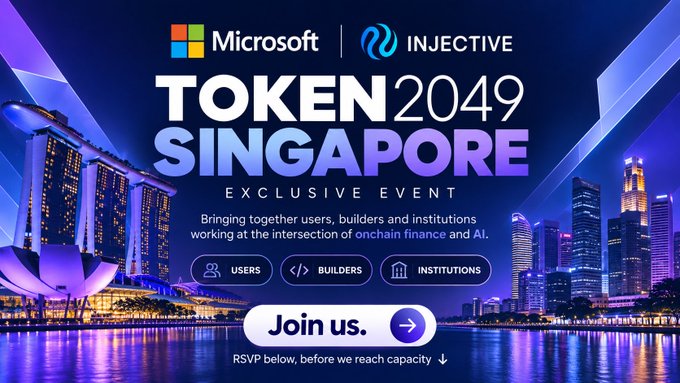 A promotional banner for 'TOKEN2049 SINGAPORE', an exclusive event hosted by Microsoft and INJECTIVE, featuring a Singapore skyline at night with the text 'Bringing together users, builders and institutions working at the intersection of onchain finance and AI.'