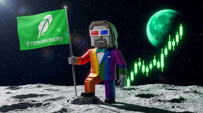 A pixel-art figure in 3D glasses and a rainbow suit plants a green 'STONKBROKERS' flag on the moon, with a green candlestick chart rising in the background.