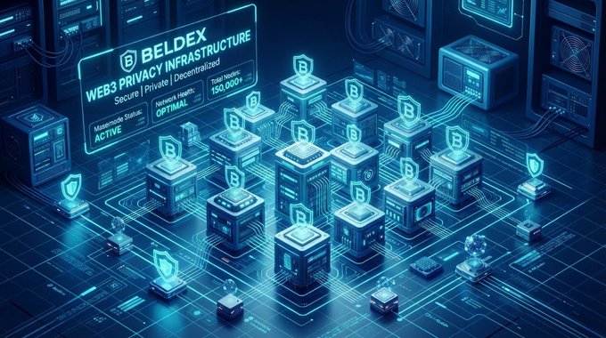 An isometric digital illustration of a secure network labeled "BELDEX WEB3 PRIVACY INFRASTRUCTURE," featuring interconnected server cubes marked with shield and "B" logos glowing in blue.