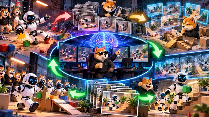 The image is a colorful, stylized collage showing Shiba Inu mascots and humanoid robots surrounded by arrows, computer monitors, and stacks of data cards arranged in a circular flow around a glowing brain, visually representing the selective curation of training data. This directly mirrors the post's message that Axis Robotics' real challenge is no longer the volume of data but choosing which trajectories are actually valuable for training, depicted here as the central "brain" filtering the right examples from the chaotic stream of robotic experience surrounding it.