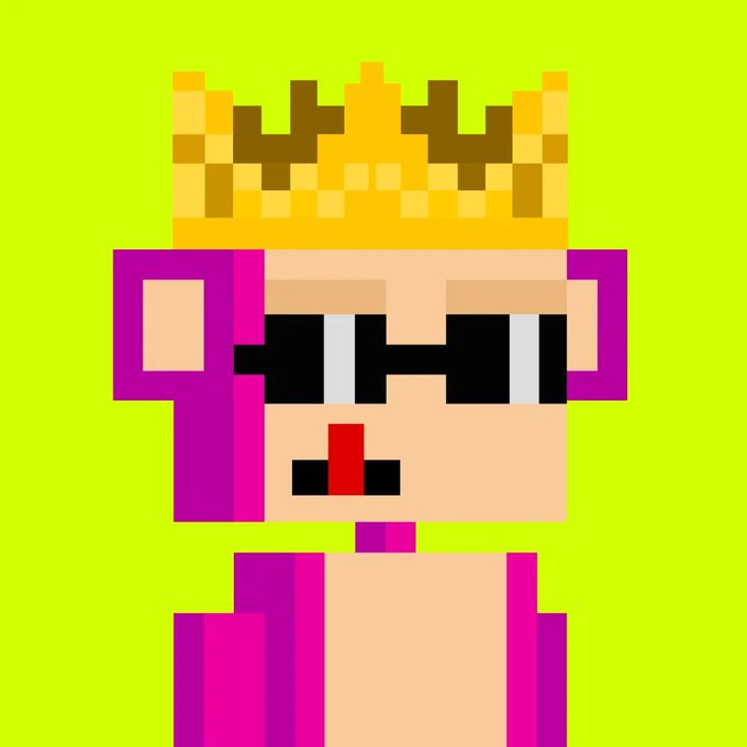 A pixel art illustration of a character with purple hair, sunglasses, and a golden crown against a bright green background, resembling a retro video game NFT style.
