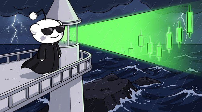 A cartoon illustration of a character in sunglasses and a wizard hat operating a lighthouse, whose green beam projects onto a stormy ocean revealing a candlestick stock chart pattern.