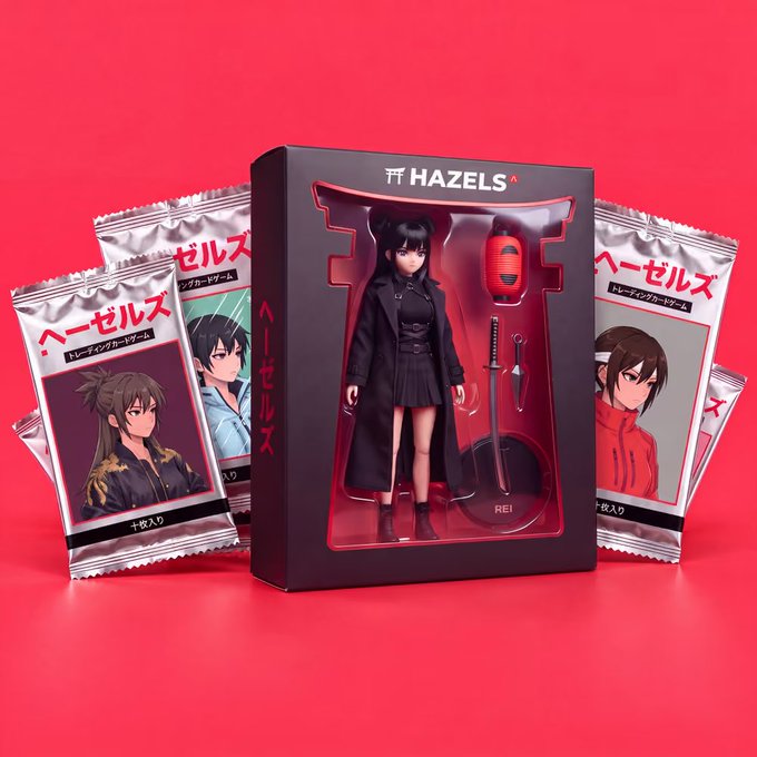 Product photography showing an anime figure of a dark-haired character named 'REI' dressed in a black coat displayed in a 'HAZELS' branded box, flanked by collector card packs featuring other anime characters, all set against a red background.