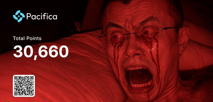 A horror-themed Pacifica promotional graphic featuring a bloodied man screaming, displaying 'Total Points 30,660' alongside a QR code.