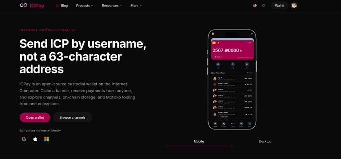 A webpage for 'ICPay' (Internet Computer Wallet) advertising 'Send ICP by username, not a 63-character address', showing a mobile phone mockup with a wallet balance of 2567.90000.