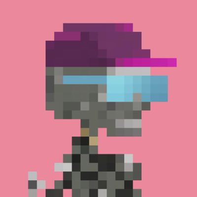 A pixel art character with a purple beanie, cyan visor, and black-and-white checkered jacket set against a pink background.