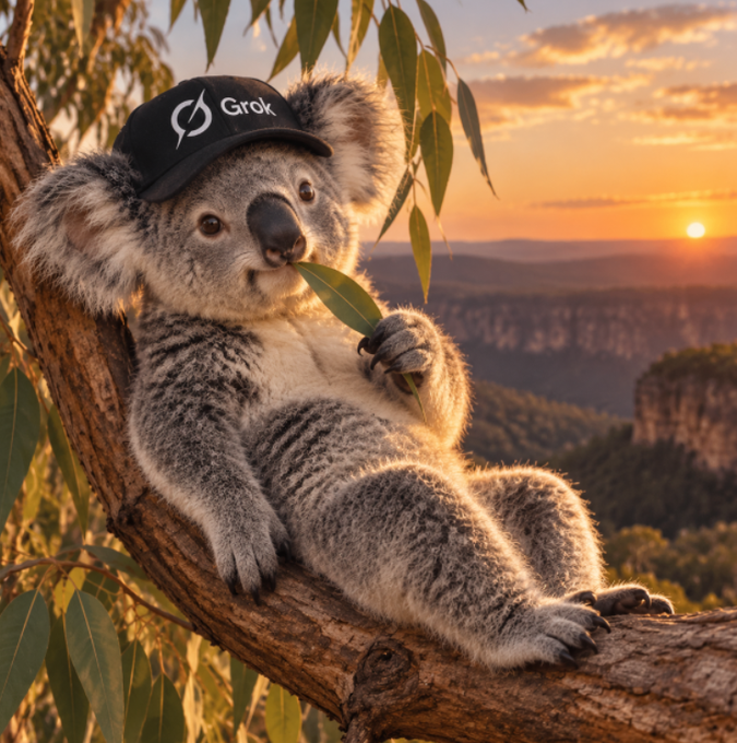 An AI-generated image of a koala wearing a black 'Grok' cap, sitting on a tree branch eating a leaf against a sunset canyon backdrop.