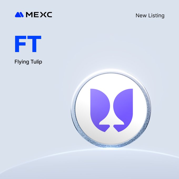 The image features a white circle with a purple logo that says "flying tulip" inside of it, along with the text "FT" at the top and bottom. The background of the image is light blue. The main content of the image is related to an announcement or listing on a website called mexc.com.