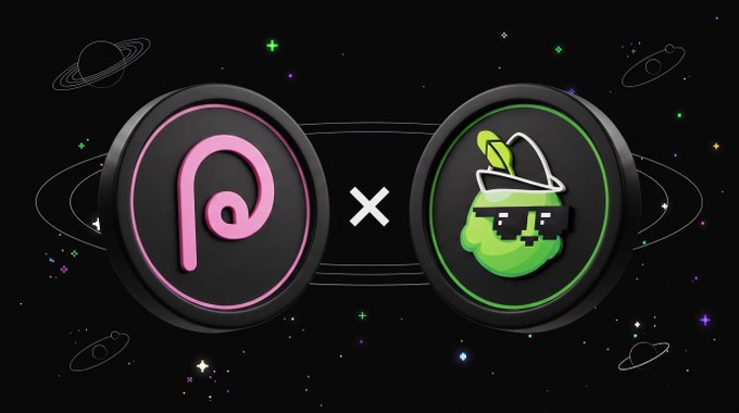 Two circular badges with orbital rings float in space: the left has a pink 'P' logo, and the right features a green character with a 'thug life' cap, separated by an 'x'.
