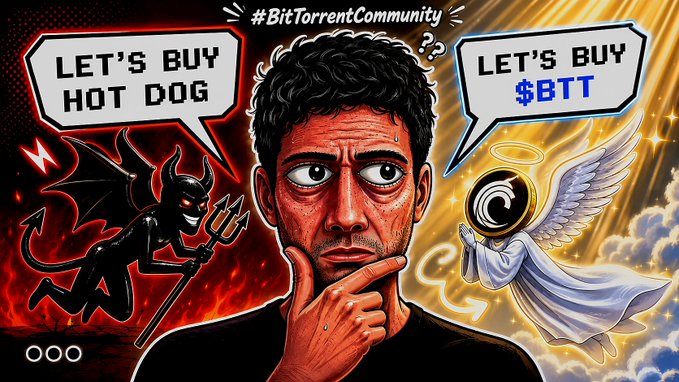 The image features a cartoon man with black hair, wearing a black shirt, who appears to be contemplating whether or not he should buy Bitcoin. The background of the image shows two speech bubbles - one containing the text "Let's buy Hot Dog" and another saying "Let's buy $BTT". These speech bubbles are accompanied by illustrations of a hot dog and an angel with wings. The post also includes a question about when to start buying Bitcoin, which is related to the man's contemplation in the image.