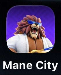 An app icon labeled 'Mane City' featuring an illustrated lion character wearing sunglasses and a white jacket.