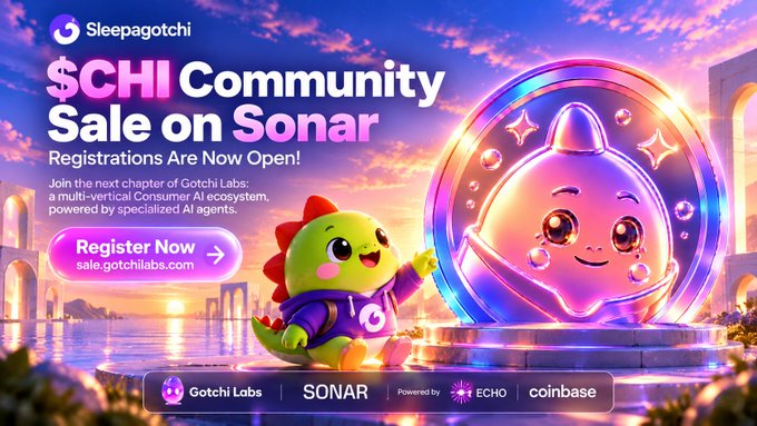 A vibrant promotional graphic for 'Sleepagotchi $CHI Community Sale on Sonar' featuring a cute green dinosaur character and a purple bubble-headed mascot, with a 'Register Now' button linking to sale.gotchilabs.com, powered by ECHO and Coinbase.