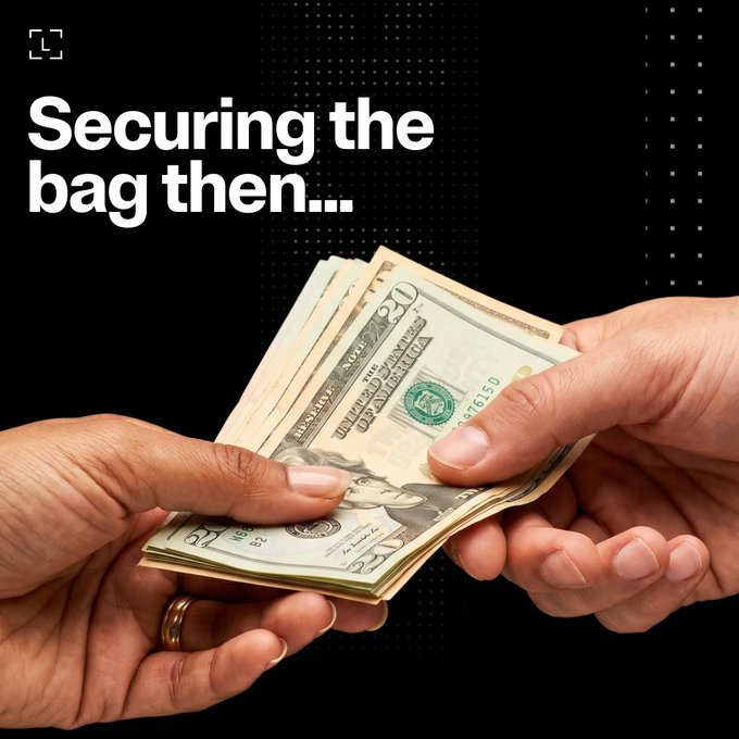 Two hands exchange a stack of twenty-dollar bills against a black background with the text "Securing the bag then..." — illustrating the traditional meaning of "securing the bag" as accumulating physical cash, contrasting with the post's message about modern, easy crypto portfolio management.