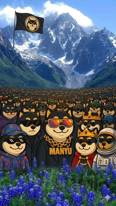 An artistic illustration of a vast crowd of dog-like characters, including ones wearing sunglasses, crowns, and a gold 'MANYU' chain, gathered in a field of bluebonnets beneath a flag with a dog logo flying over snowy mountains.