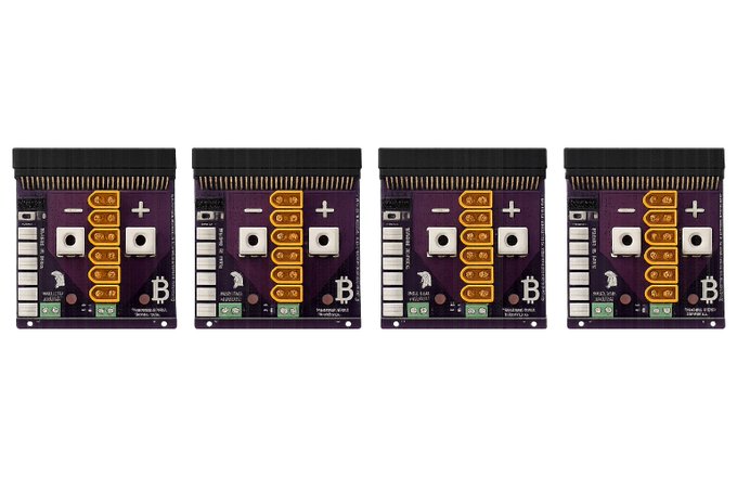 Four purple Bitcoin mining ASIC boards arranged in a row against a white background, each featuring connection ports and the Bitcoin logo.