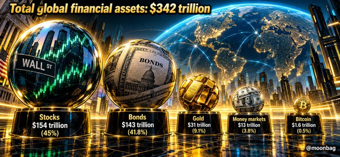 The image displays five glowing orbs on pedestals labeled "Stocks $154 trillion (45%)," "Bonds $143 trillion (41.8%)," "Gold $31 trillion (9.1%)," "Money markets $13 trillion (3.8%)," and "Bitcoin $1.6 trillion (0.5%)," set against a backdrop of the globe and "WALL ST" with a header reading "Total global financial assets: $342 trillion." The visual underscores the post's point about Bitcoin's small 0.5% share of global financial assets, illustrating how a shift to even 1% would require doubling its market cap, since there are no new coins to dilute demand.