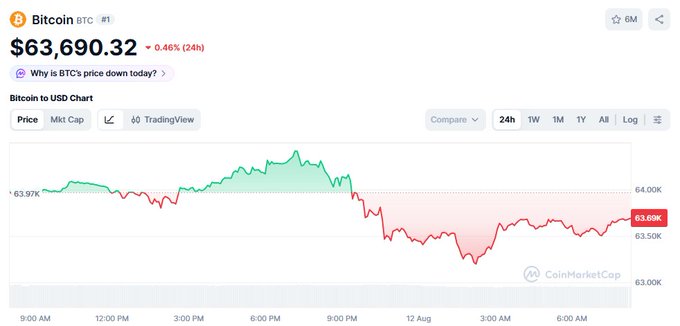A CoinMarketCap chart showing Bitcoin (BTC) price at $63,690.32, down 0.46% over 24 hours.