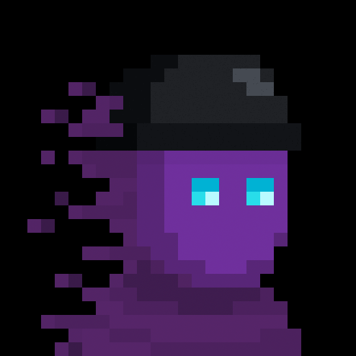 A pixel art illustration of a purple character with cyan eyes wearing a dark gray hat, with the character's body appearing to dissolve or scatter into purple blocks on the left side.