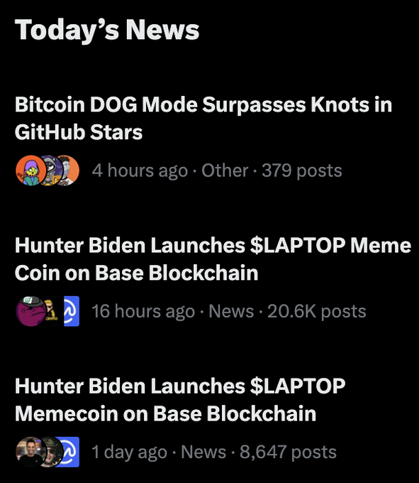 A dark-themed news feed titled 'Today's News' featuring headlines about 'Bitcoin DOG Mode Surpasses Knots in GitHub Stars' and two stories about 'Hunter Biden Launches $LAPTOP Memecoin on Base Blockchain'.