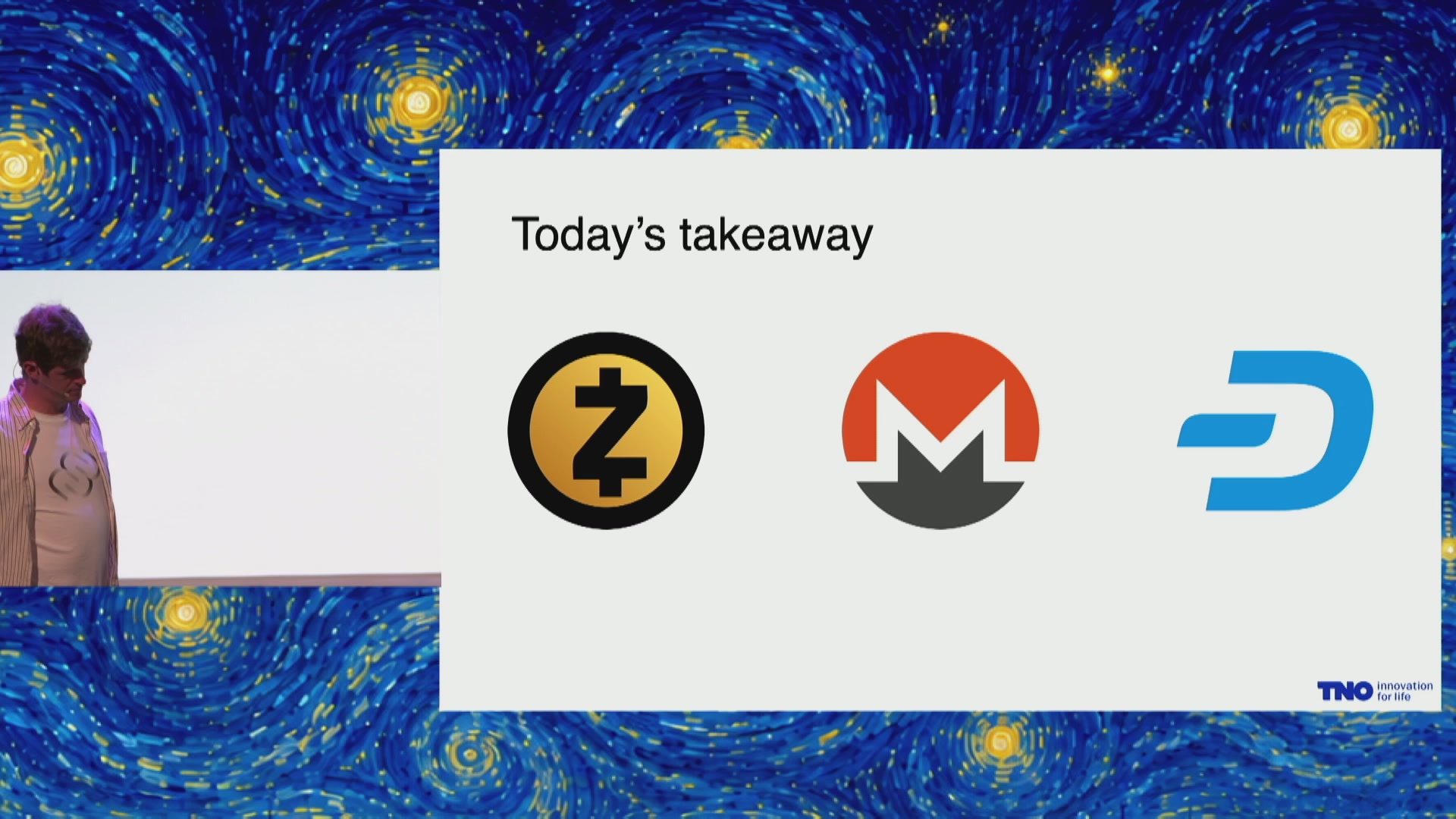 The image features a person standing next to a presentation slide with a blue background, which has white text that reads "Today's takeaway". The person appears to be wearing a white shirt and is positioned towards the left side of the frame. On the right side of the image, there are three logos - one for Litecoin, another for Bitcoin, and a third logo for Ripple. These logos are placed in different positions on the slide, with the Litecoin logo being located at the top center, the Bitcoin logo at the bottom center, and the Ripple logo positioned to the right side of the image.