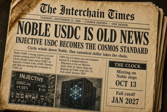 A vintage-style newspaper titled "The Interchain Times" dated Tuesday, September 15, 2026 reports "NOBLE USDC IS OLD NEWS," noting that "INJECTIVE USDC BECOMES THE COSMOS STANDARD" with minting ending Oct 13 and full cutoff Jan 2027.