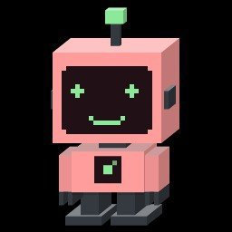 A small pixel art pink robot character with green eyes and a smiley face, standing on small gray legs against a black background.