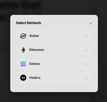 A 'Select Network' modal menu showing four blockchain options: Stellar, Ethereum, Solana, and Hedera.